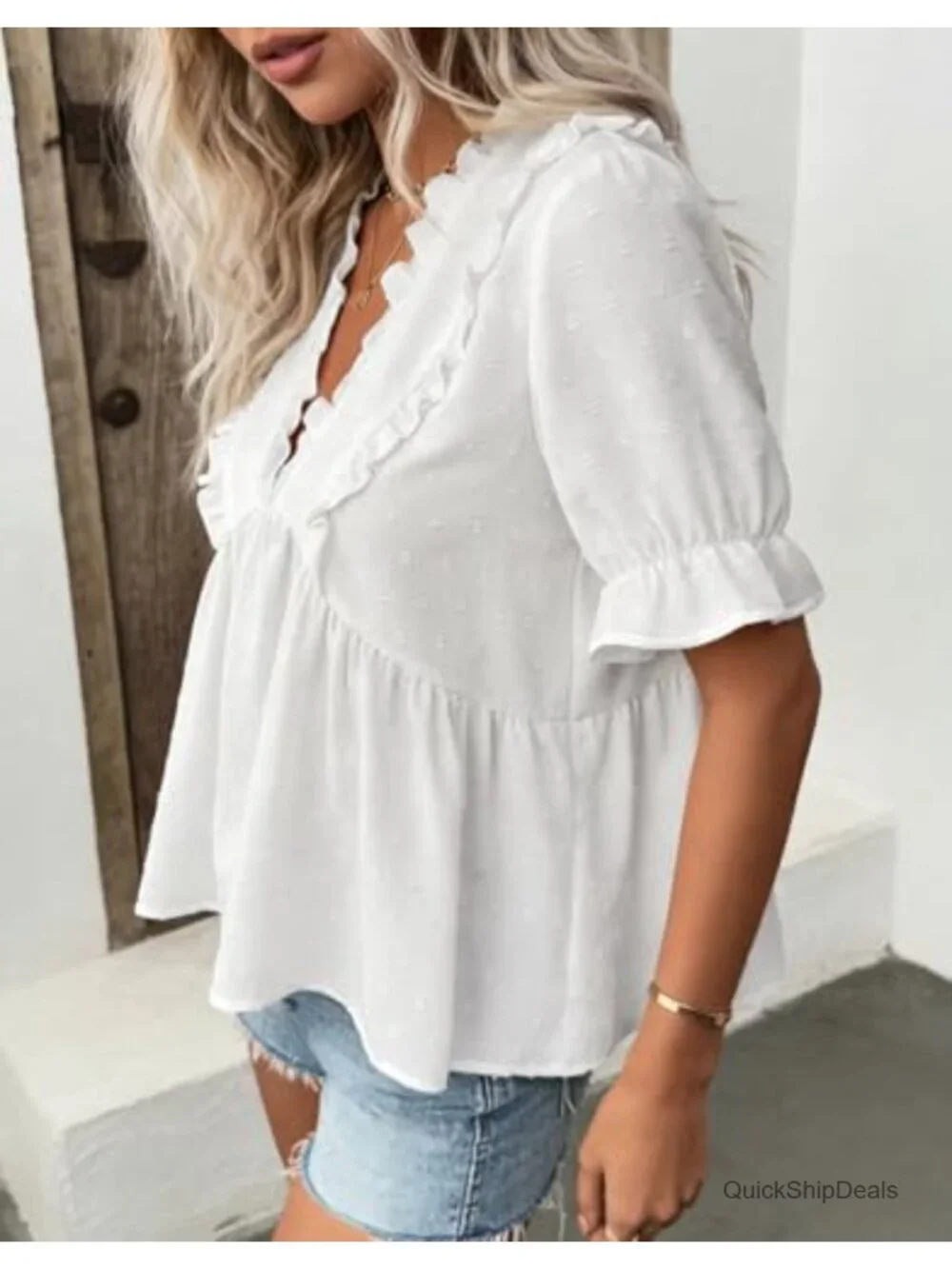 Swiss Dot Ruffle Blouse - Boho V-Neck Short Sleeve Top